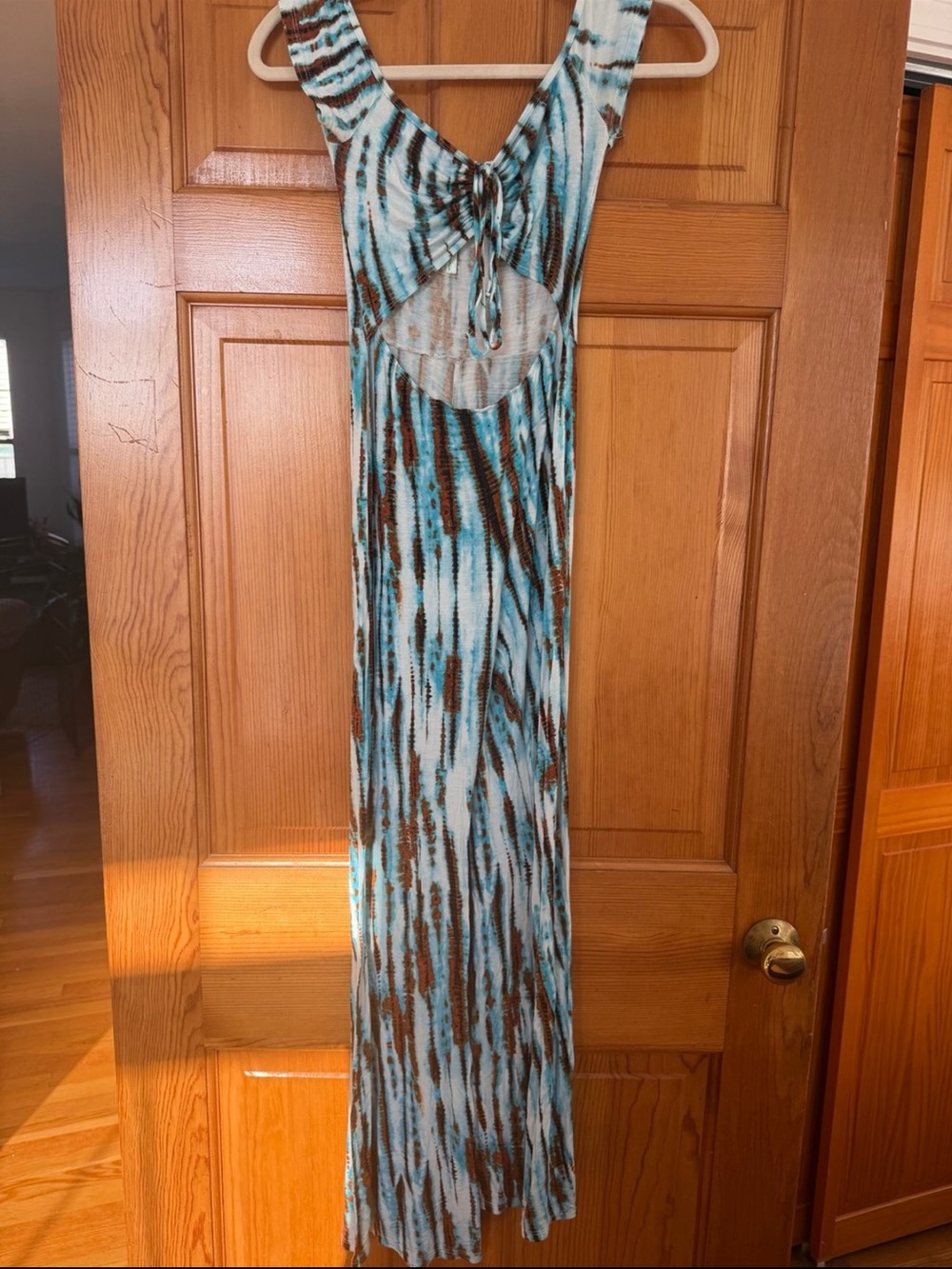 Blue & Brown Tie-Dye Maxi Dress with Front Cutout